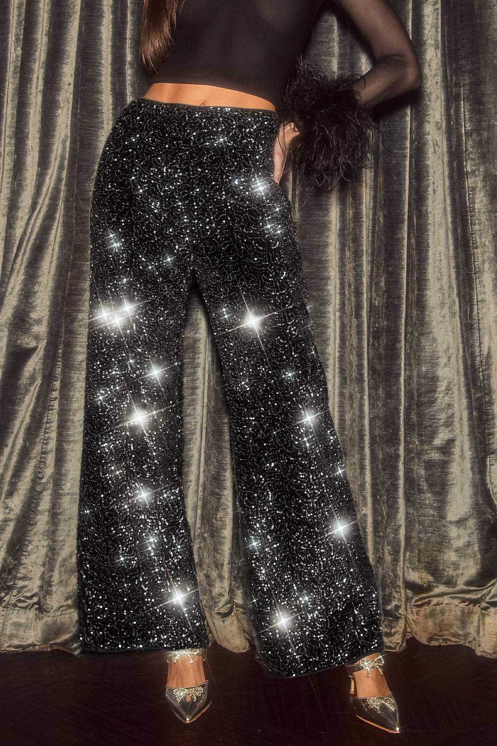 Black Sequins Wide Leg Pants