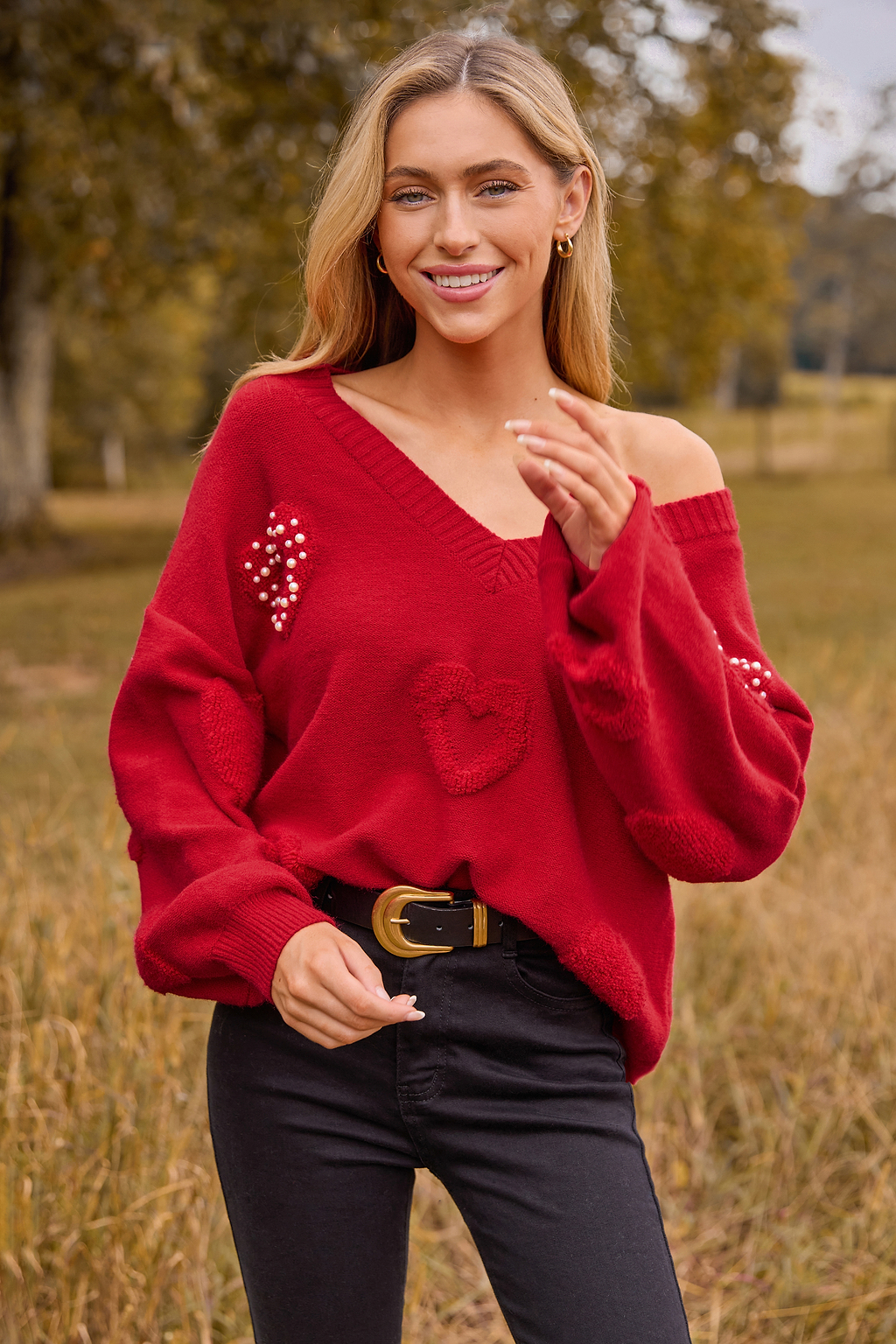Red Beaded Long Sleeve Sweater