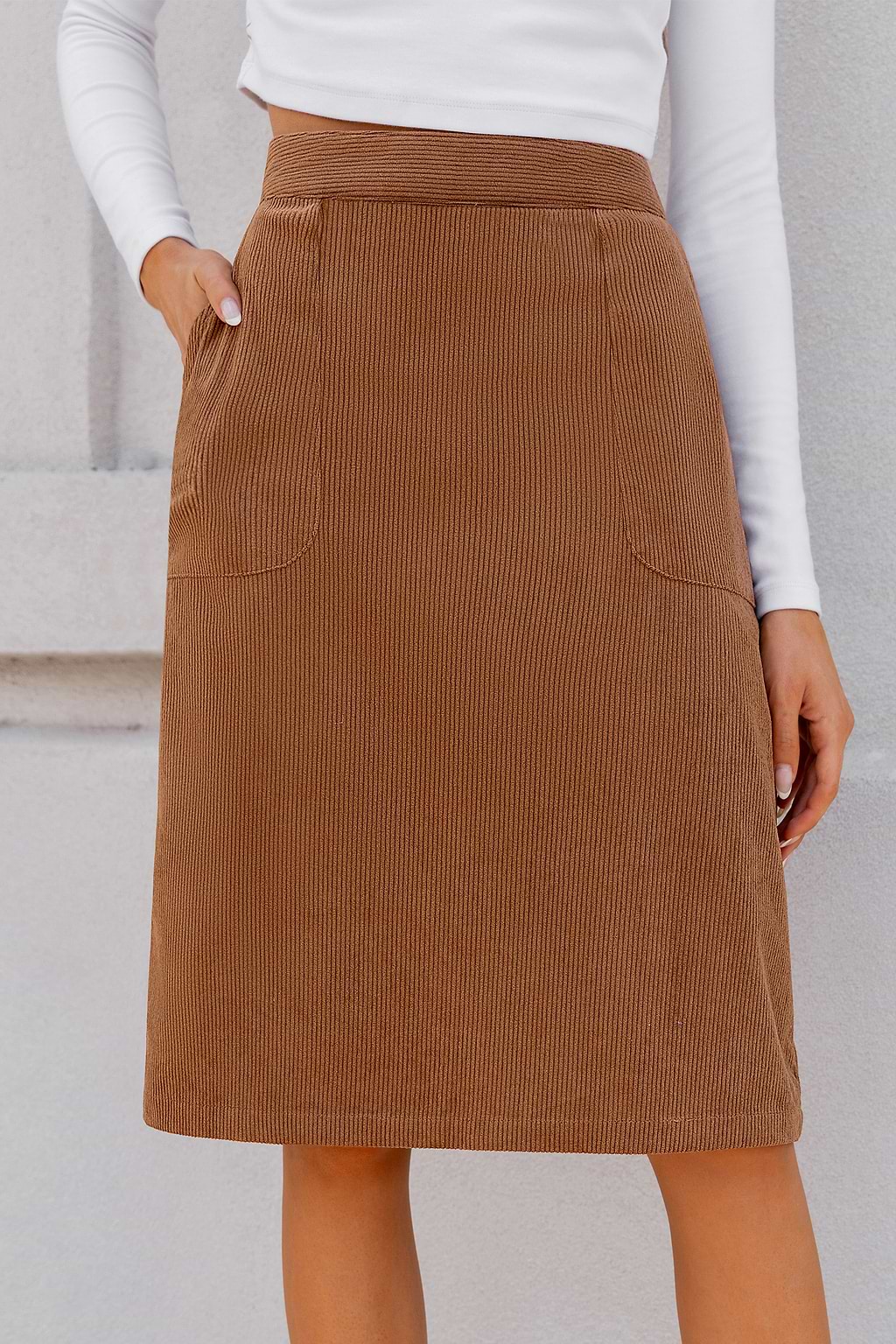 Brown Corduroy Pocket Midi Skirt