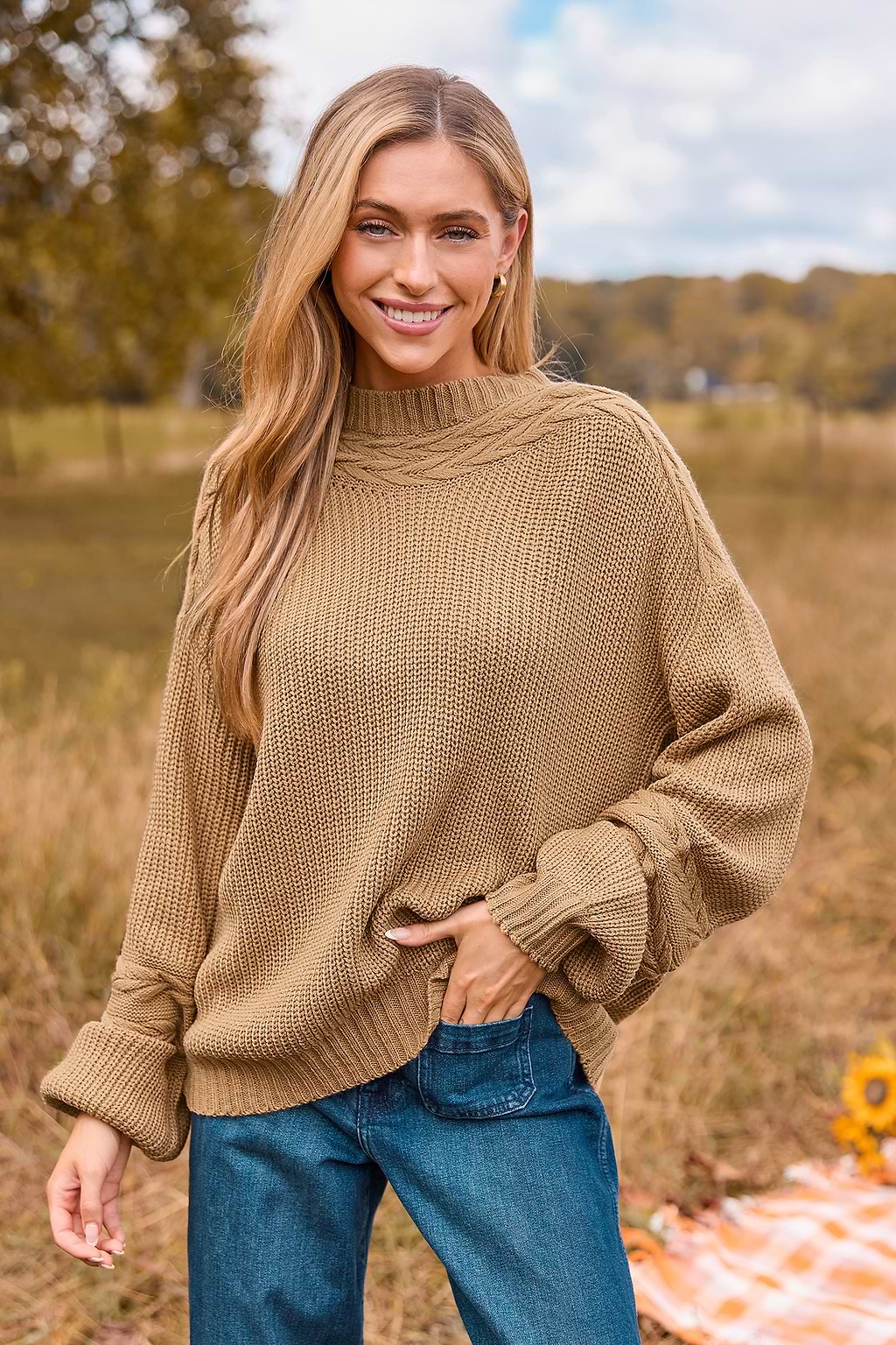 Beige Knit High Neck Long Sleeve Sweater