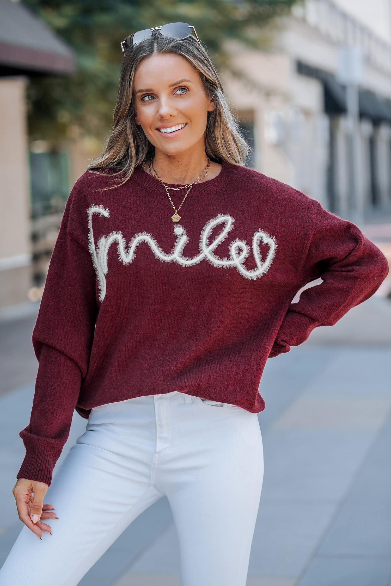 Red Letter Embroidery Round Neck Long Sleeve Sweater