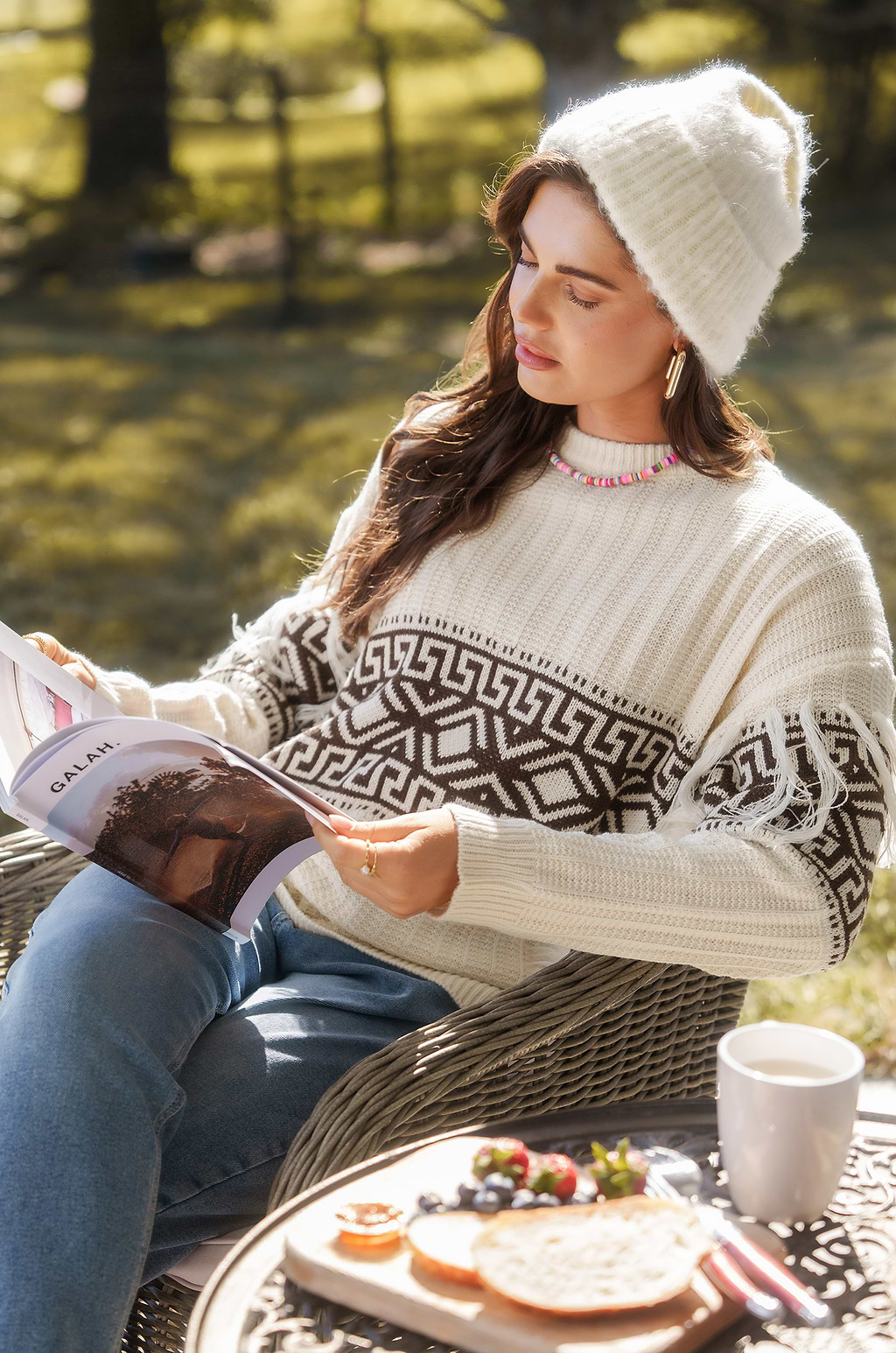 Beige Geo Tassel Long Sleeve Sweater