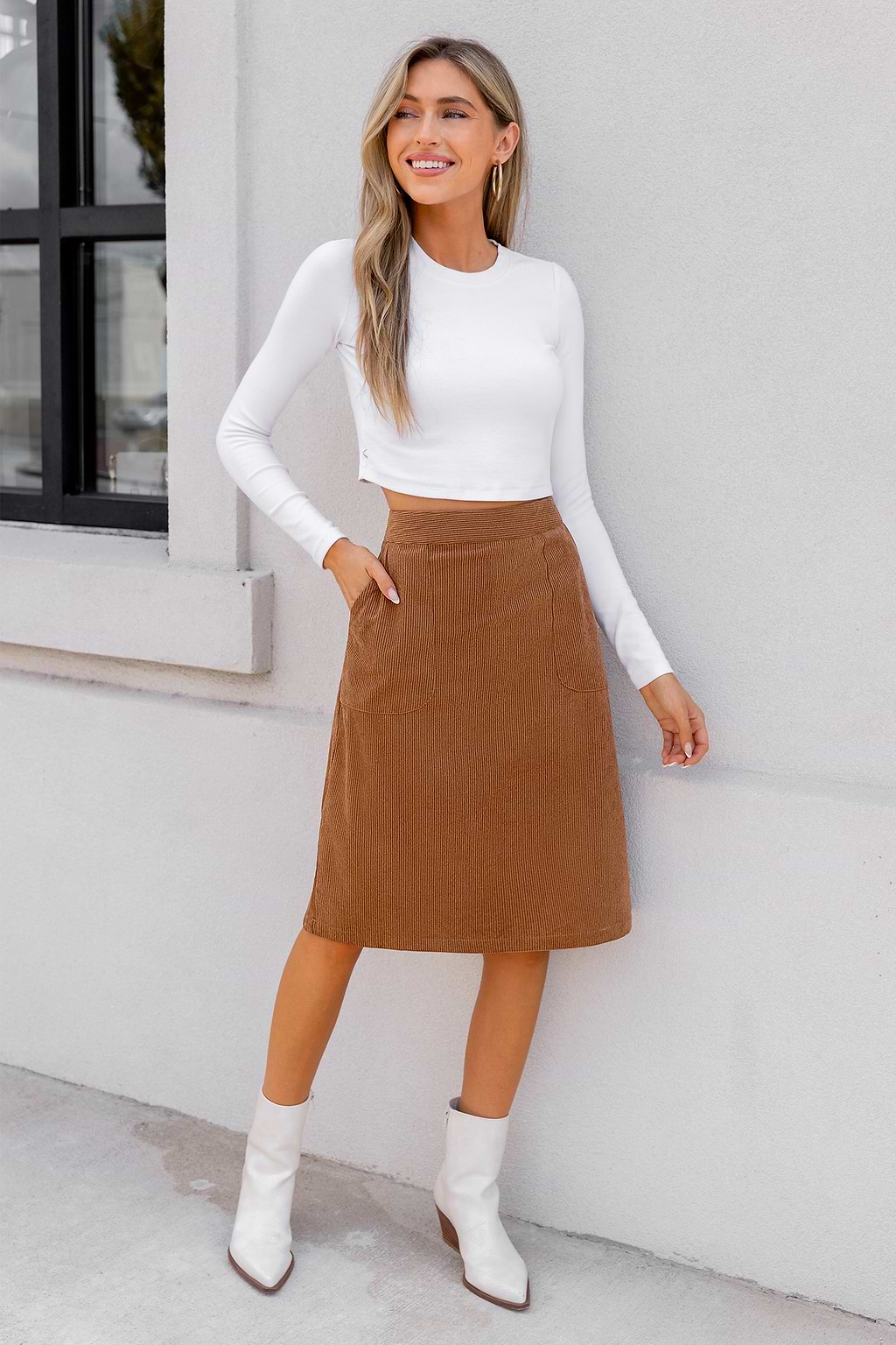 Brown Corduroy Pocket Midi Skirt