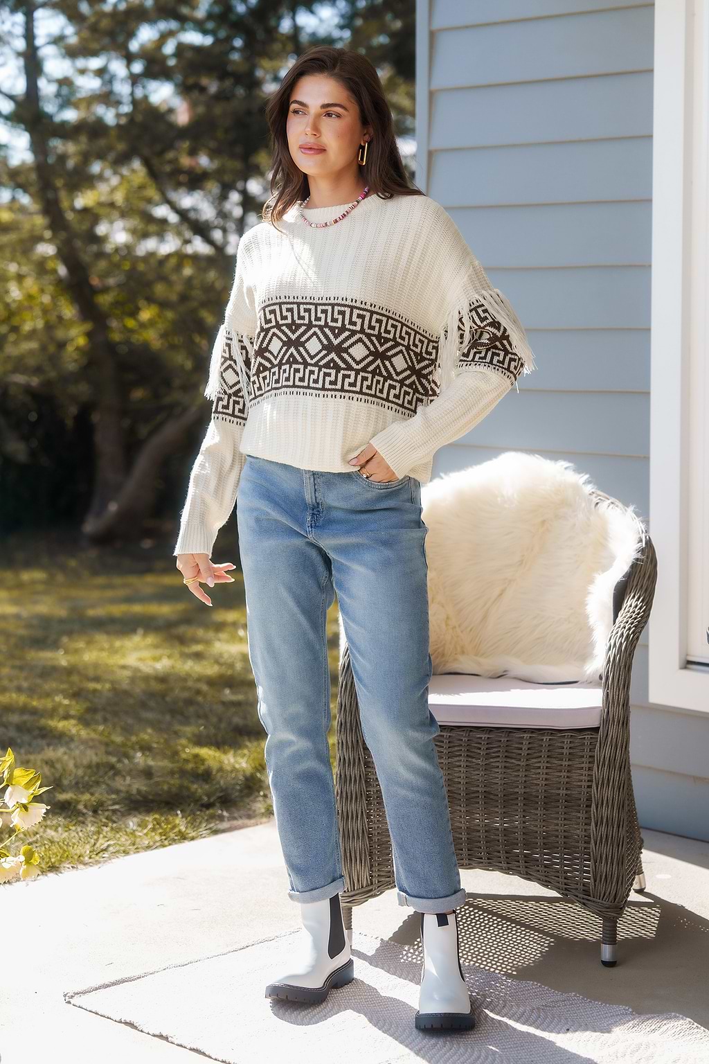 Beige Geo Tassel Long Sleeve Sweater