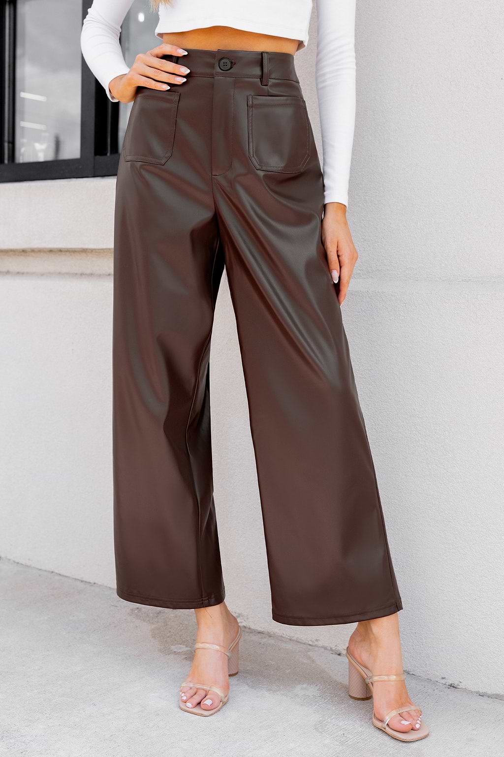 Faux Leather Patch Pocket Straight Leg Pants