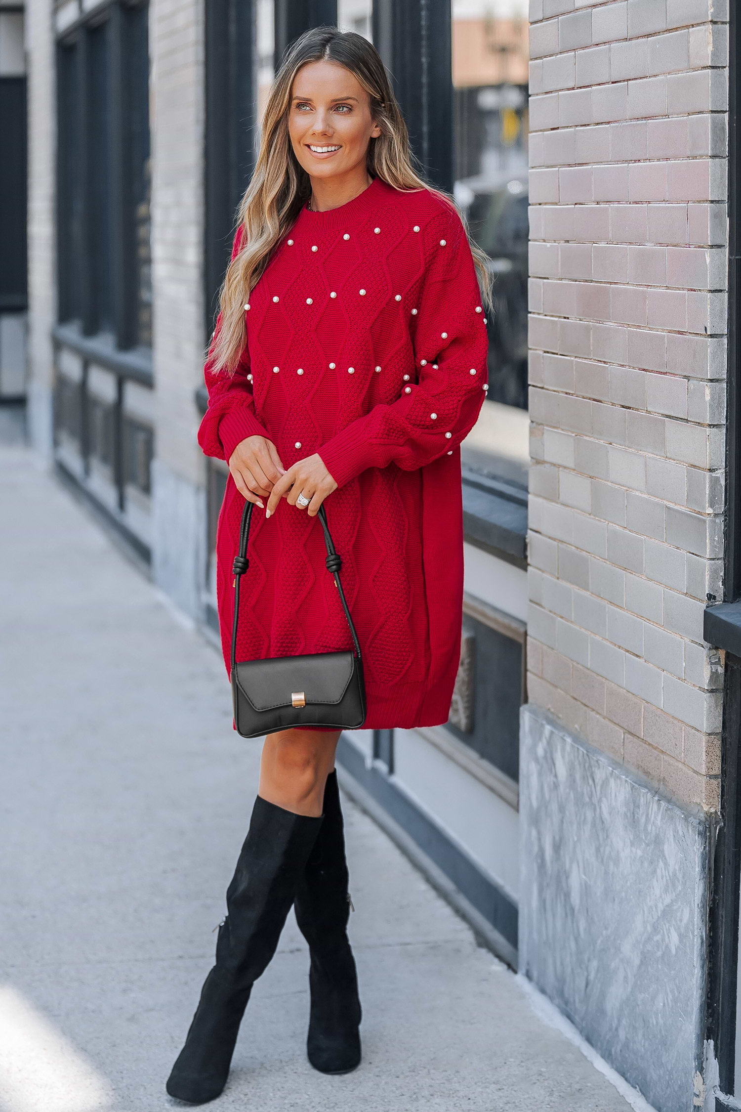 Faux Pearl Embellished Cable Knit Mini Sweater Dress