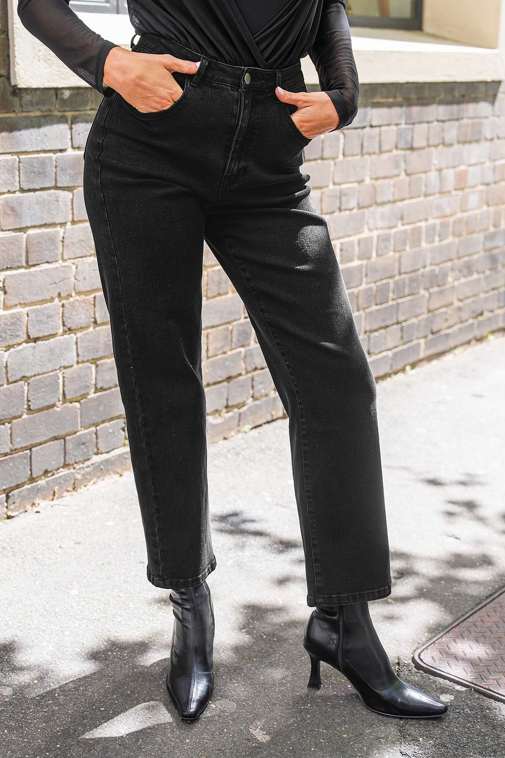 Black Straight Leg High Waist Jeans