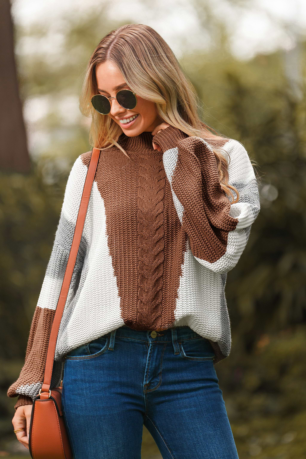 Colorblock Cable Knit Long Sleeve Turtleneck Jumper