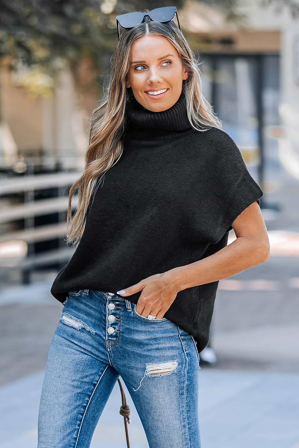 Black Short Sleeve Knit Turtleneck