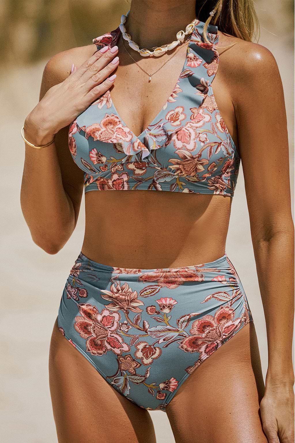 Floral Ruffled Bikini Top & Retro Bottoms Set
