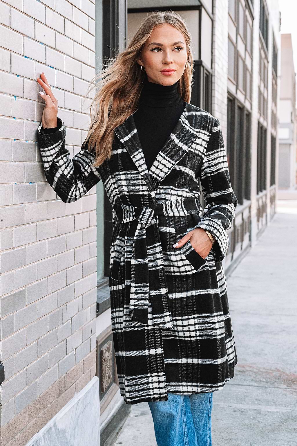 Black & White Plaid Long Sleeve Trench Coat