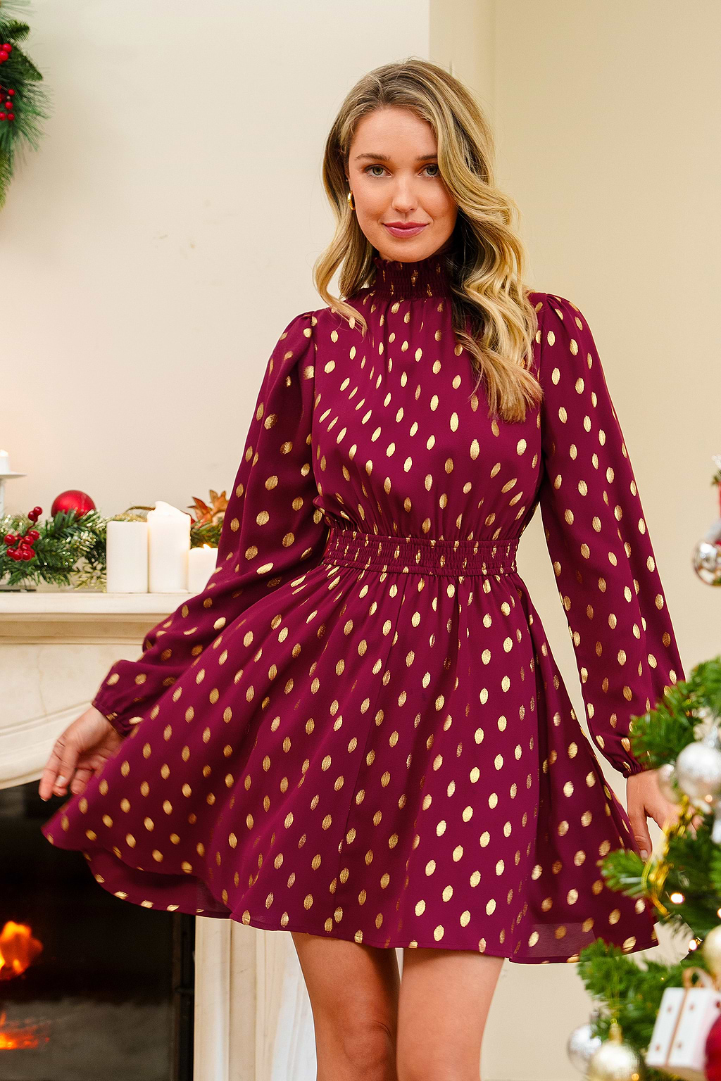 Red Dots Standing Collar Long Sleeve Dress