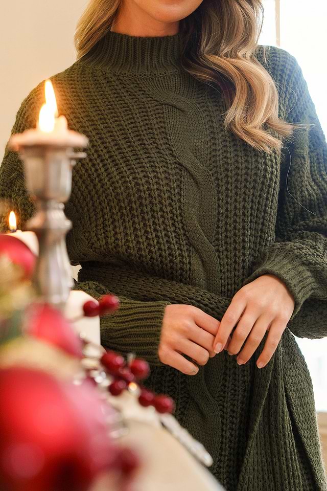 green emerald velvet dress Women's Cable-Knit Sweater Dress with Notched Neck and Side Slit Matcha Green / M