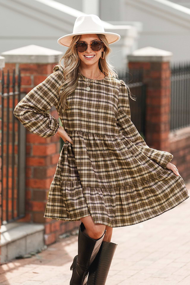 knee length dresses for ladies Slit Plaid Tie Neck Long Sleeve Maxi Dress Camel / L main image 1