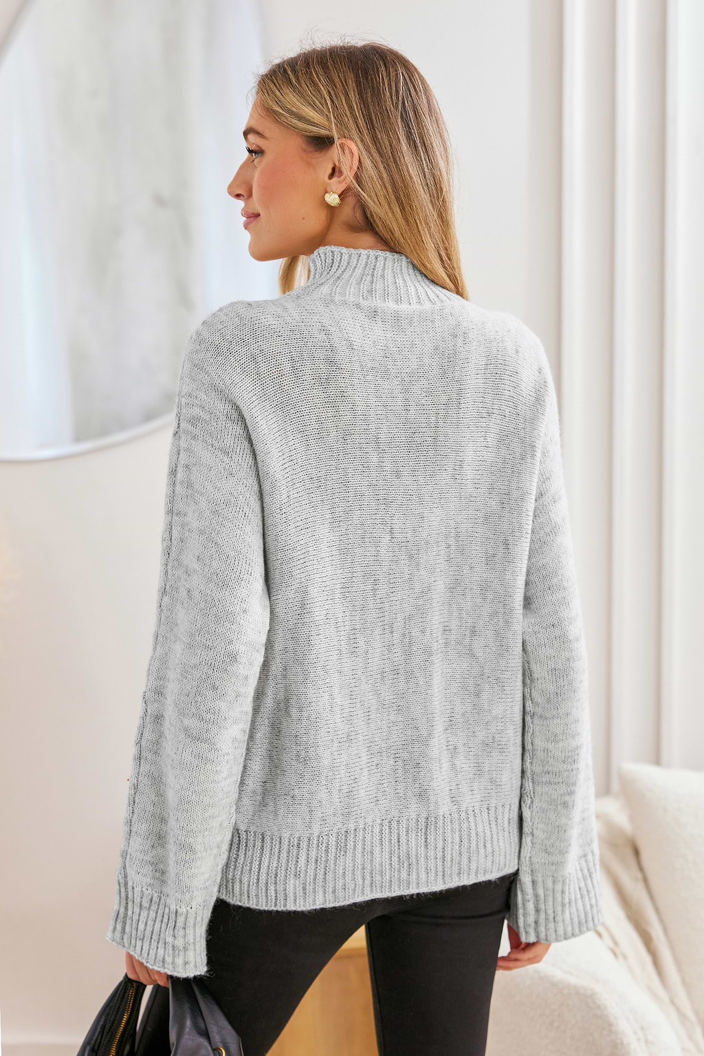 Grey Cable Knit Turtleneck Sweater