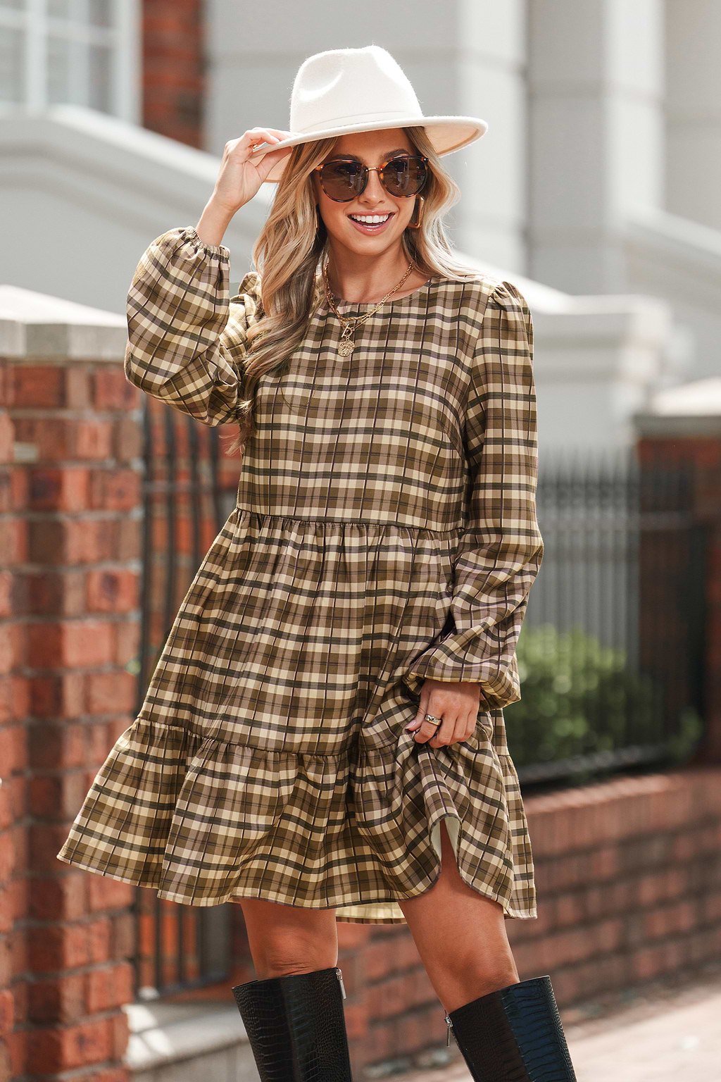 Brown Plaid Round Neck Long Sleeve Mini Dress