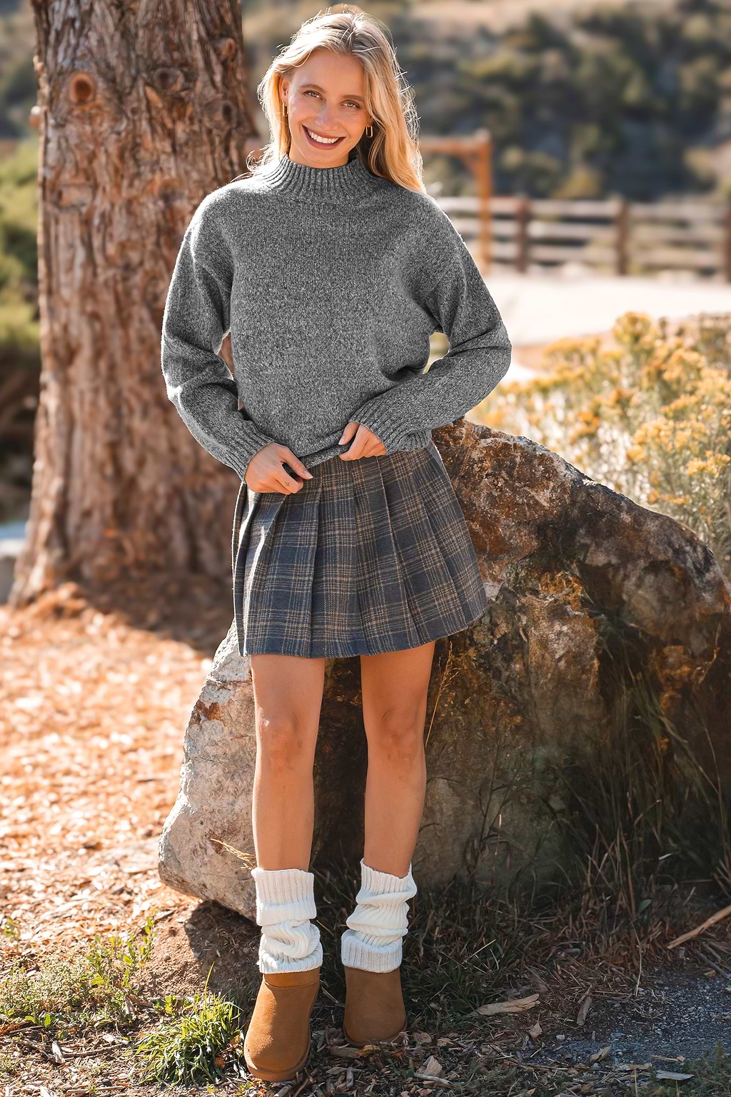 Grey Round Neck Long Puff Sleeve Sweater