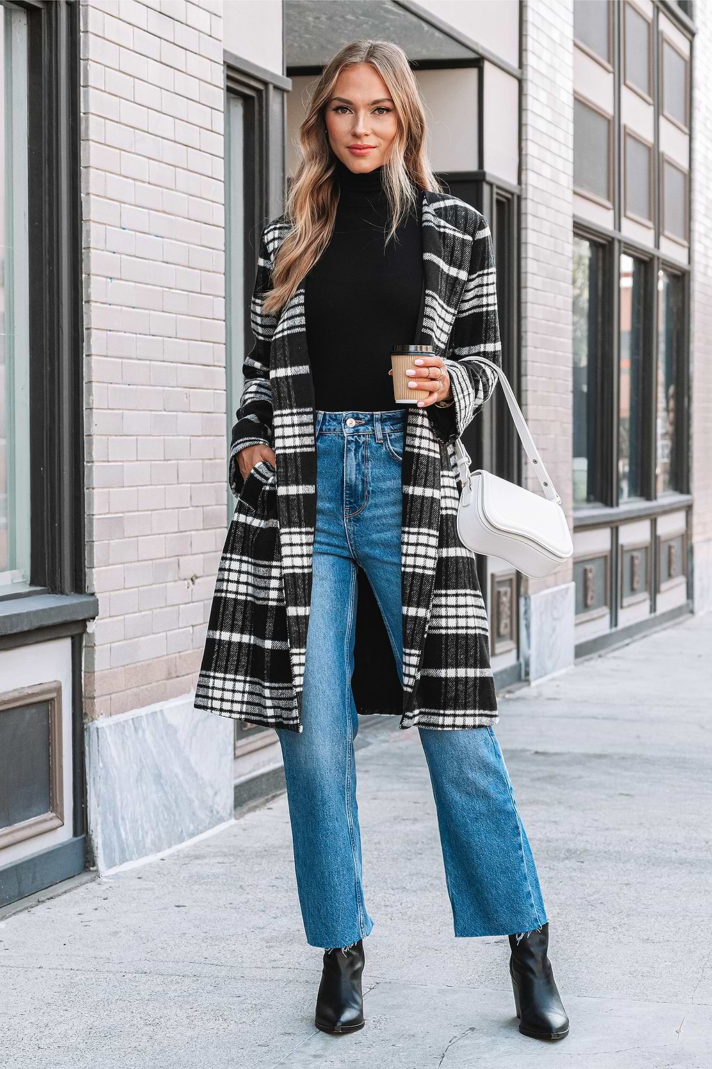 Black & White Plaid Long Sleeve Trench Coat
