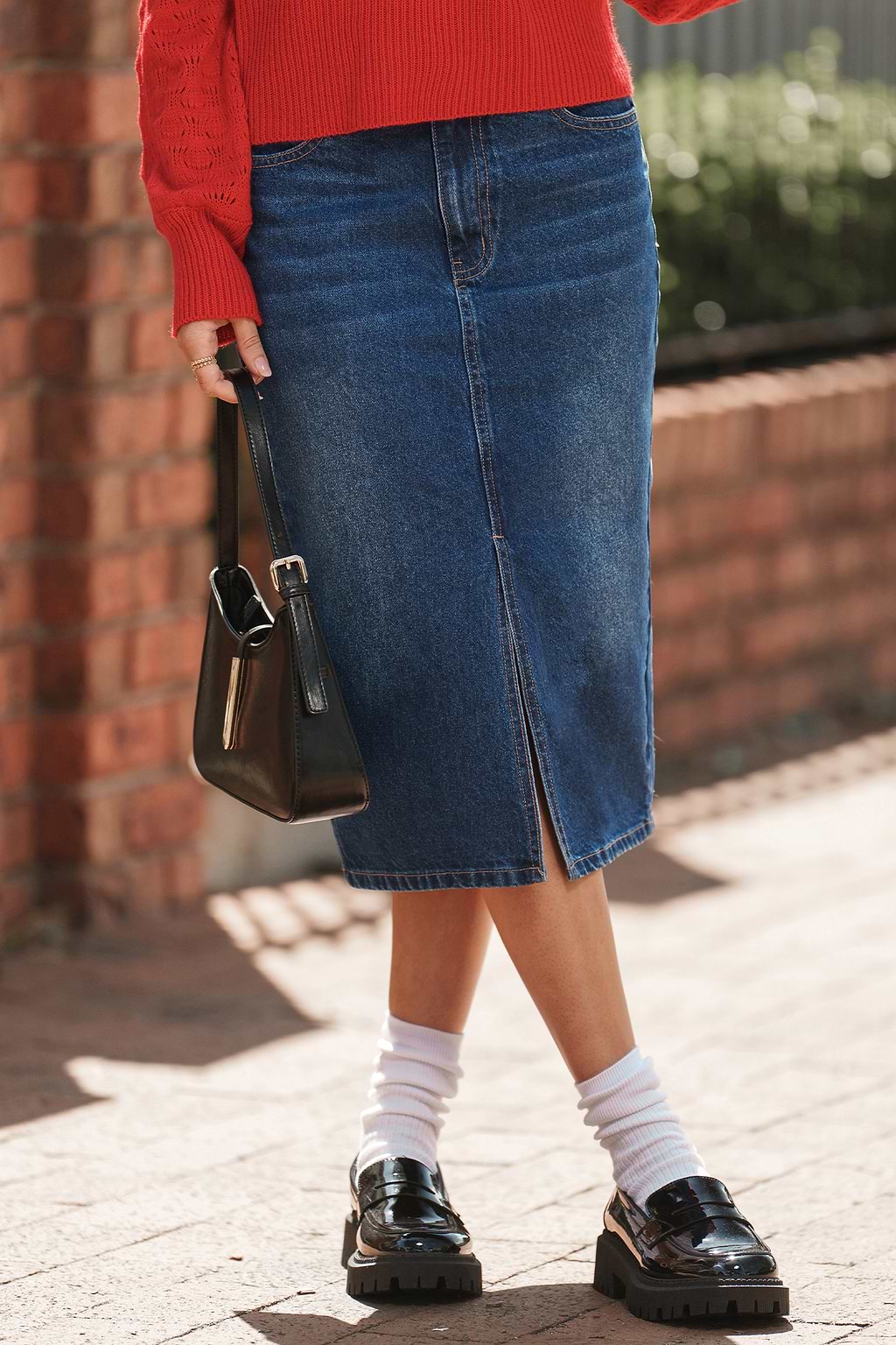 Denim Front Split Midi Skirt