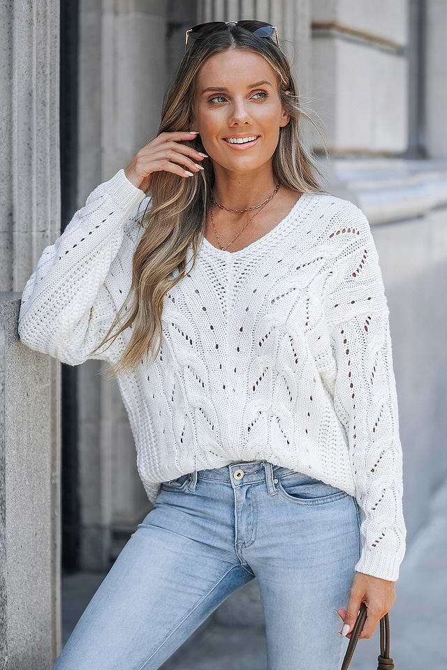 White Cable Knit Split Hem Jumper
