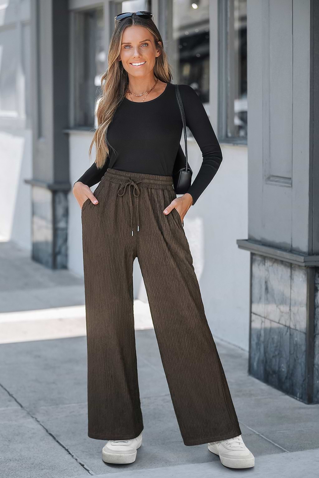 Brown Drawstring Waist Straight Leg Jersey Pants
