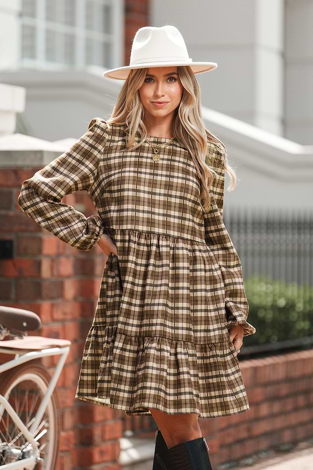brown plaid dress Western Wedding Guest Cotton 100.0% Brown Plaid Pleated Sleeveless Mini