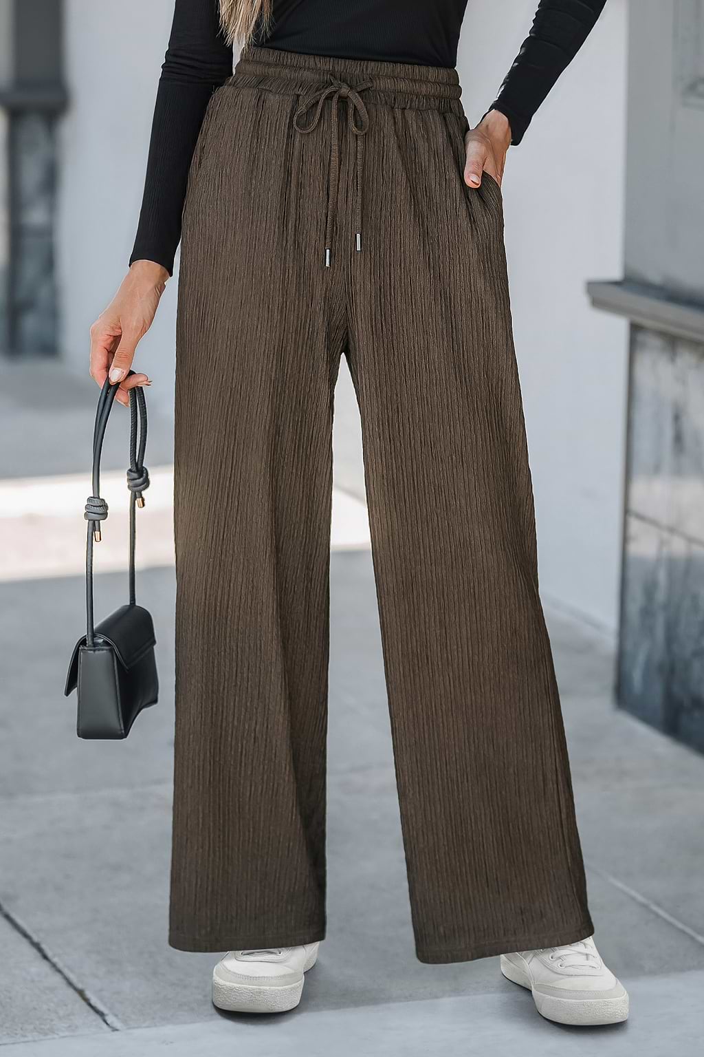 Brown Drawstring Waist Straight Leg Jersey Pants