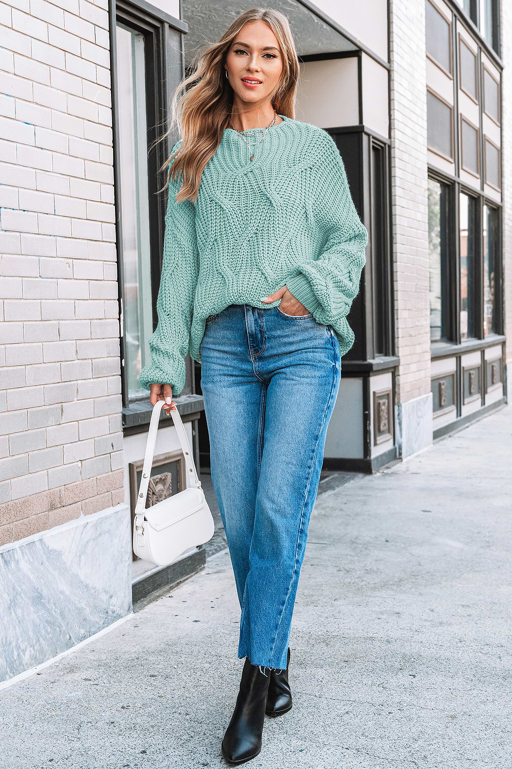 Mint High Neck Long Sleeve Knit Sweater