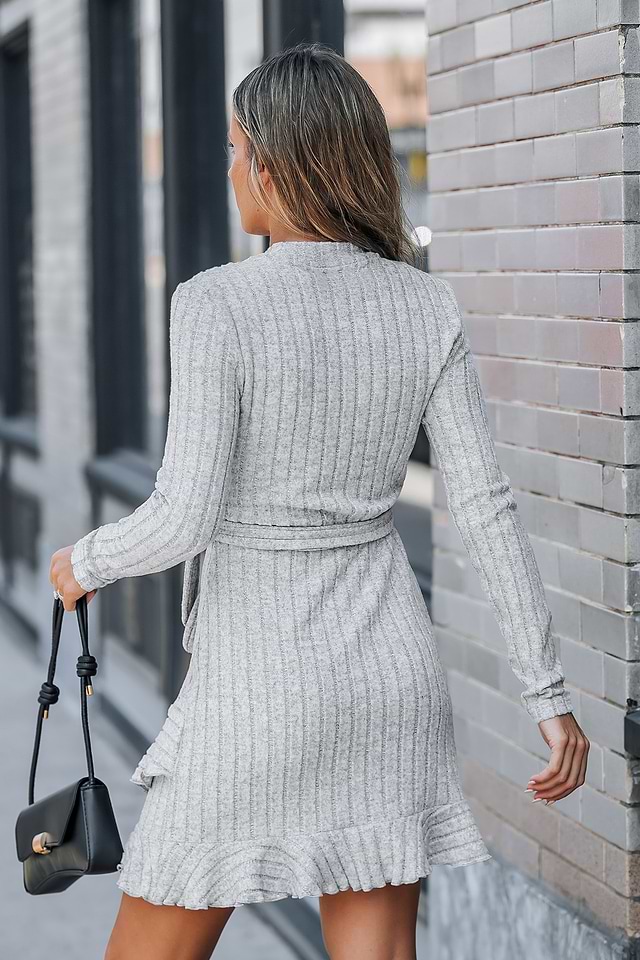 grey ribbed dress long sleeve Plus Size Backless Ribbed V-Neck, Celeste Mini Dress in Grey, Size 2X,
