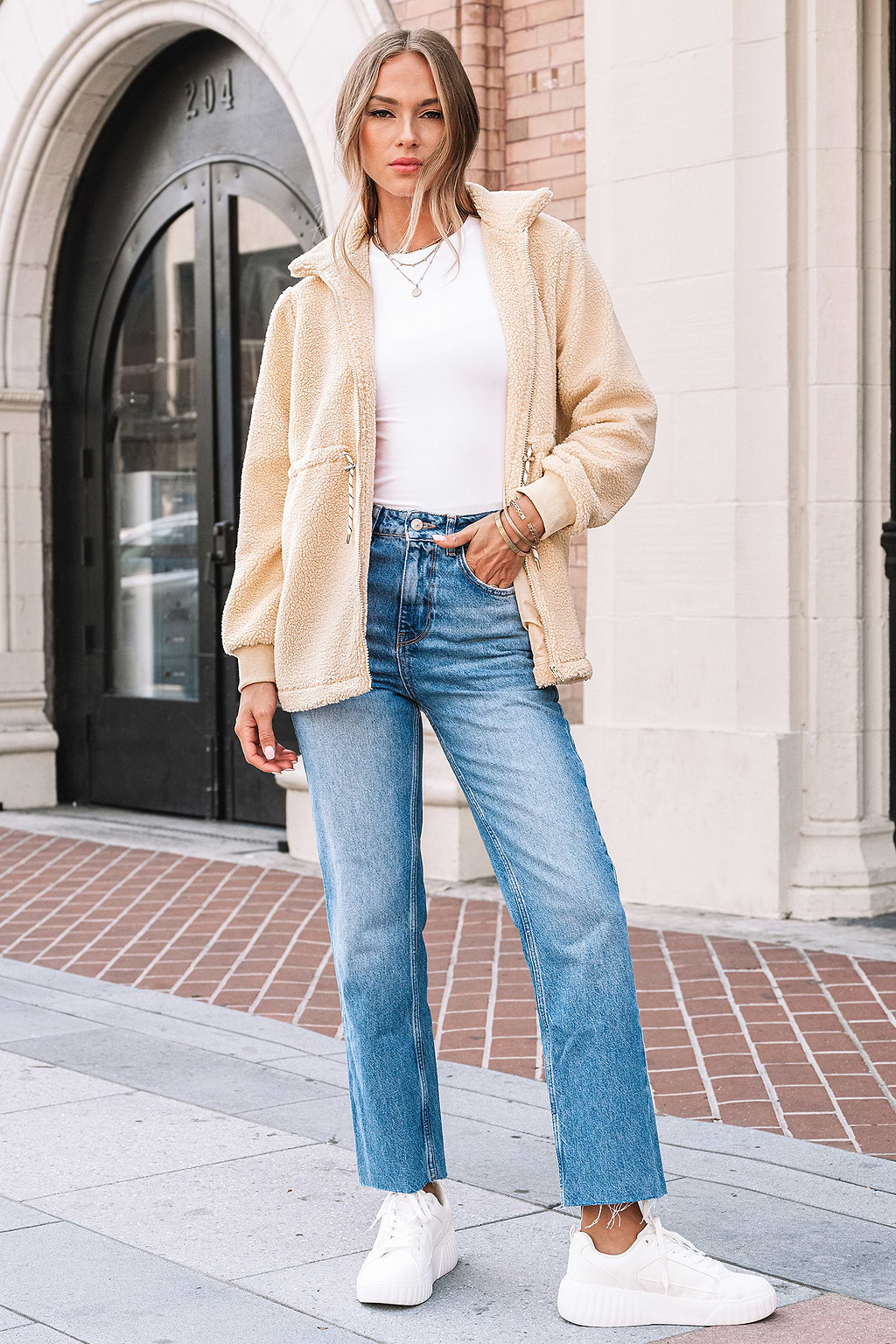 Apricot Standing Collar Long Sleeve Jacket