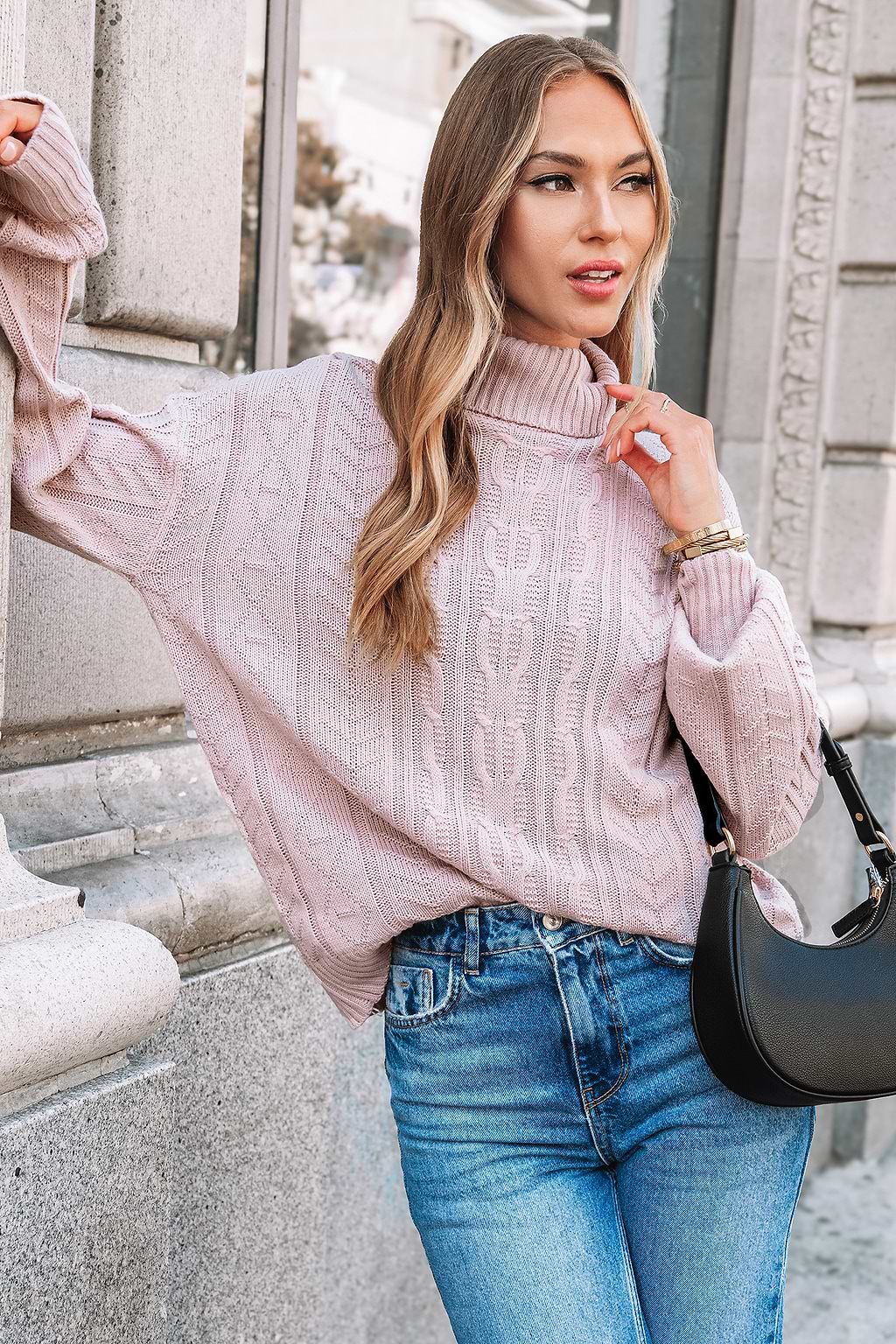 Pink Cable Knit Long Sleeve Turtleneck Sweater