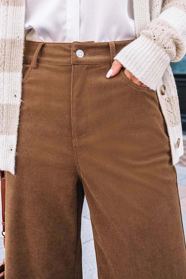 CMTOP Pantalon Femme Velours Côtelé Elastique Taille Haute Décontractés Chic et Elegant Jambe Droit Palazzo Pants avec Poches (Kaki, XL