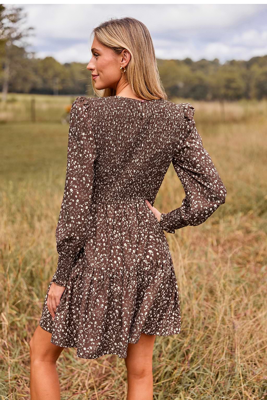 Brown Ditsy Smocked Puff Sleeve Mini Dress