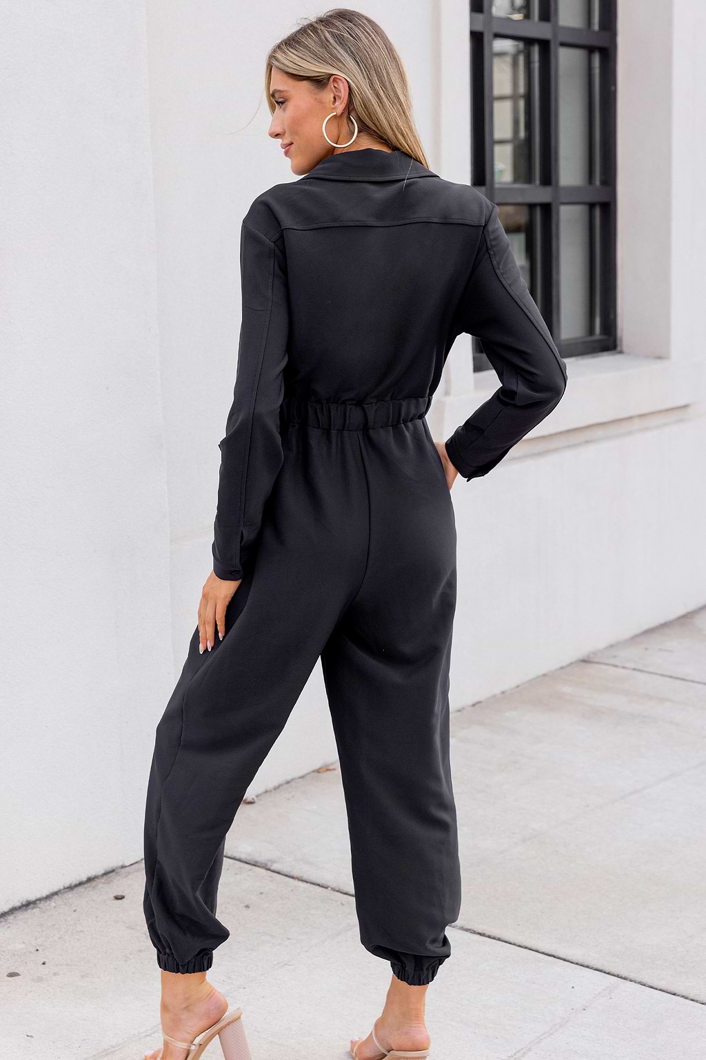 Black Collared Front Zipper Tapered Leg Jumpsuit