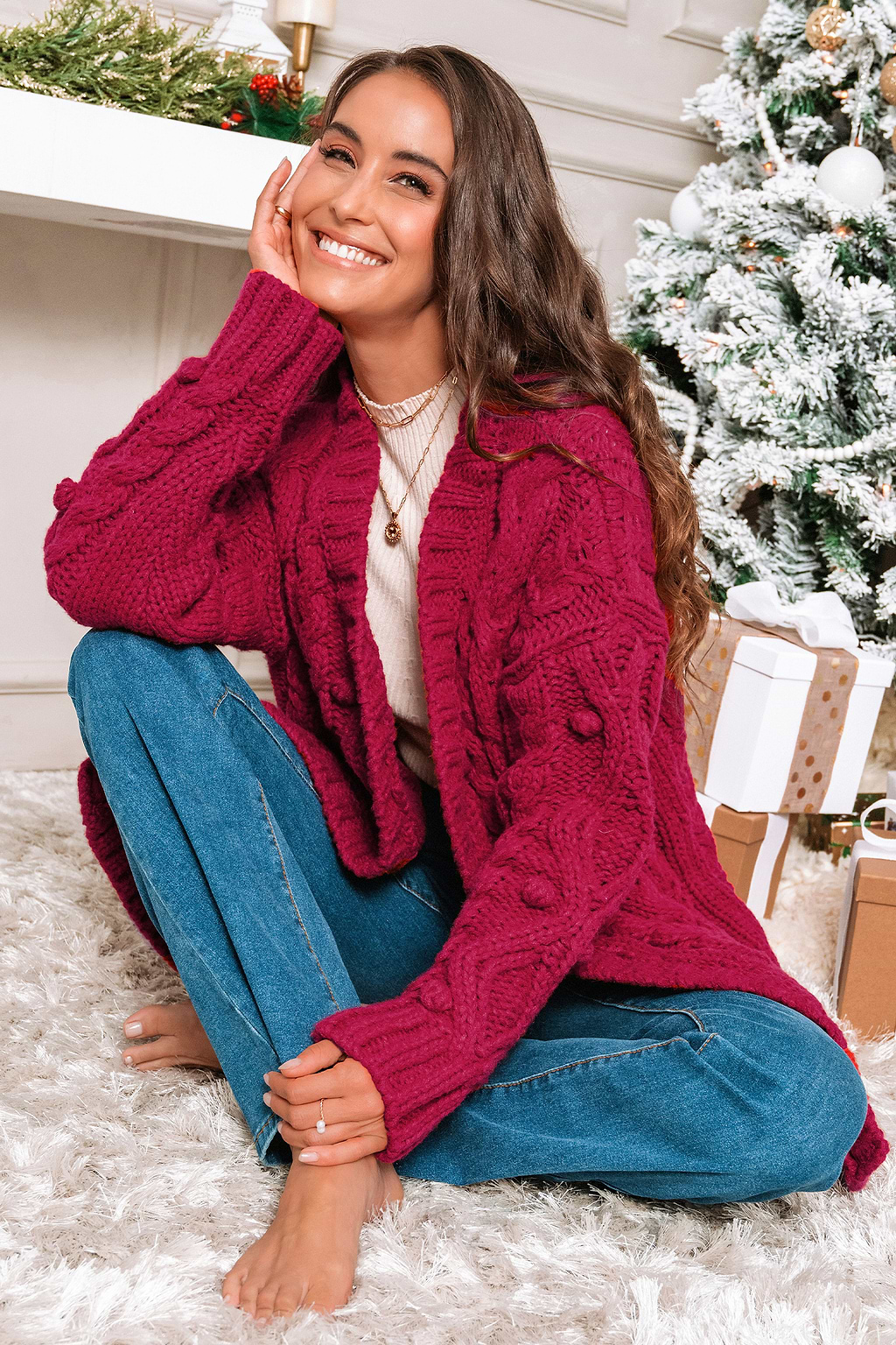 Red Cable Knit Long Sleeve Open Front Cardigan