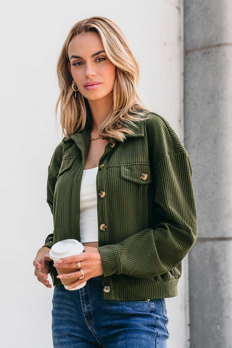 Green Corduroy Collared Long Sleeve Jacket