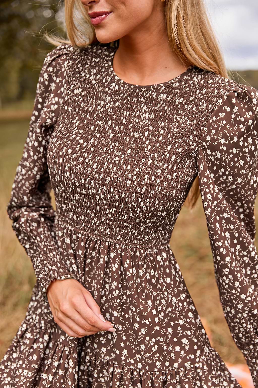 Brown Ditsy Smocked Puff Sleeve Mini Dress