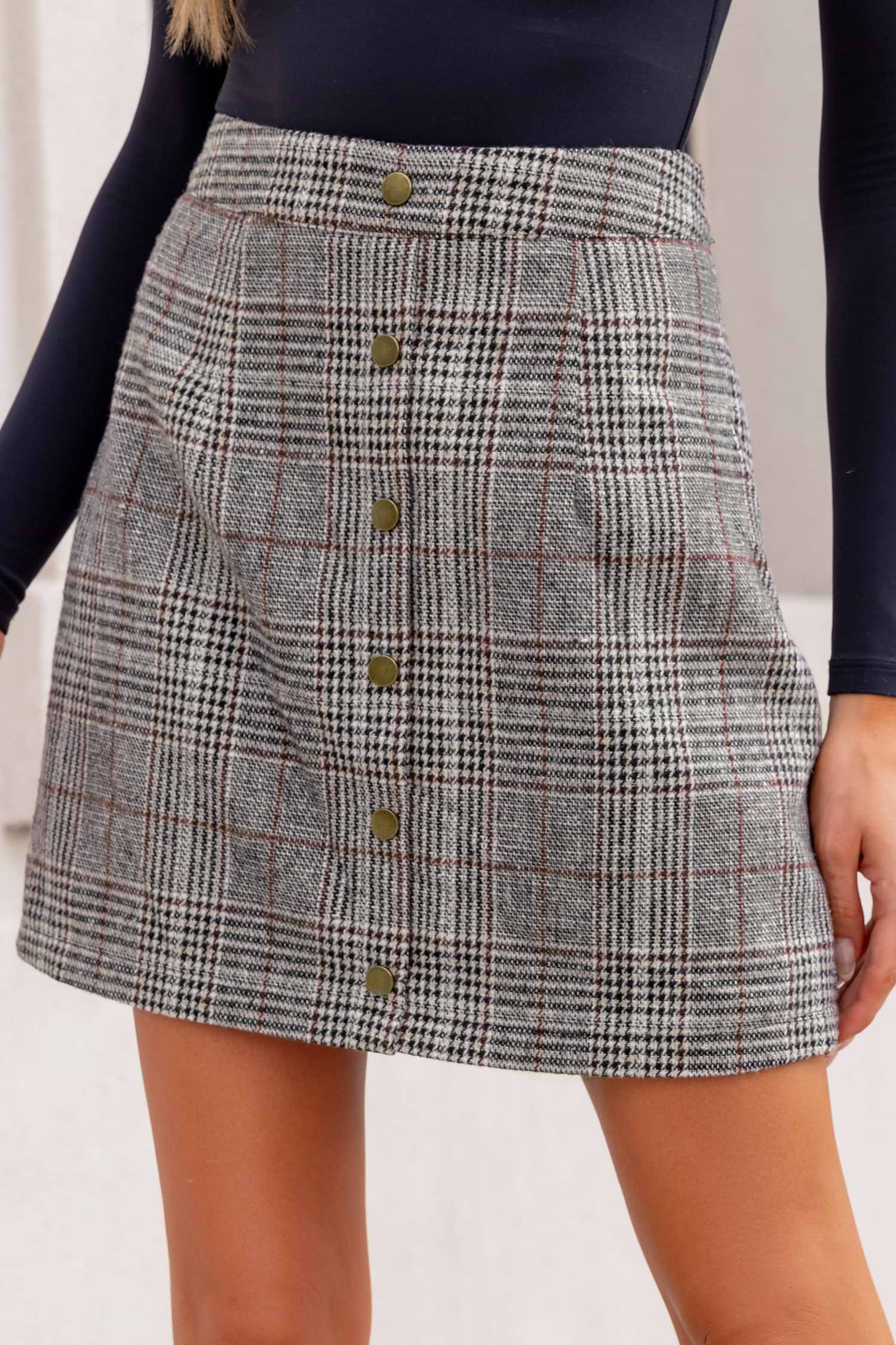 Grey Plaid Front Button Mini Skirt