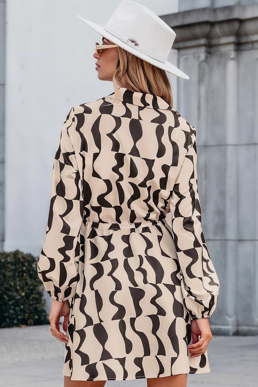 Abstract Collared Long Sleeve Mini Dress