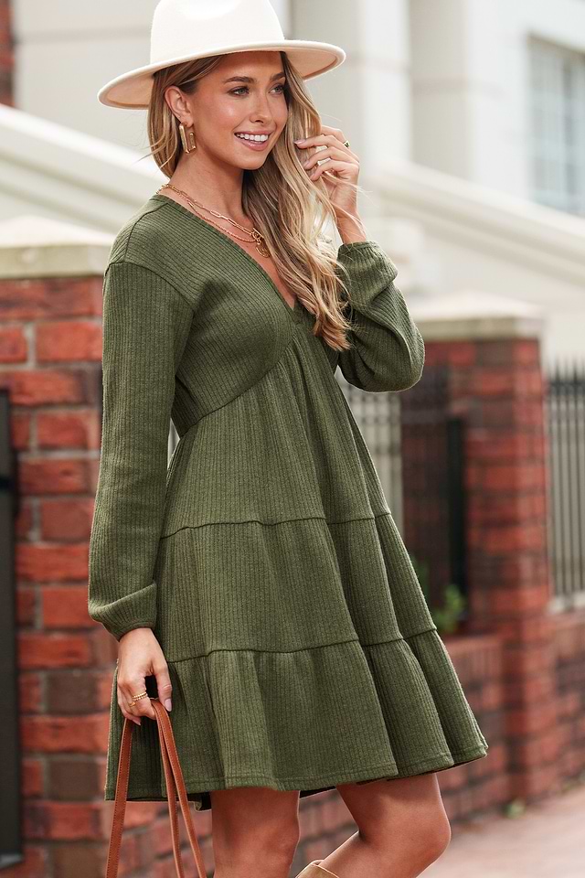 Green Ribbed Knit Plunging Long Sleeve Mini Dress