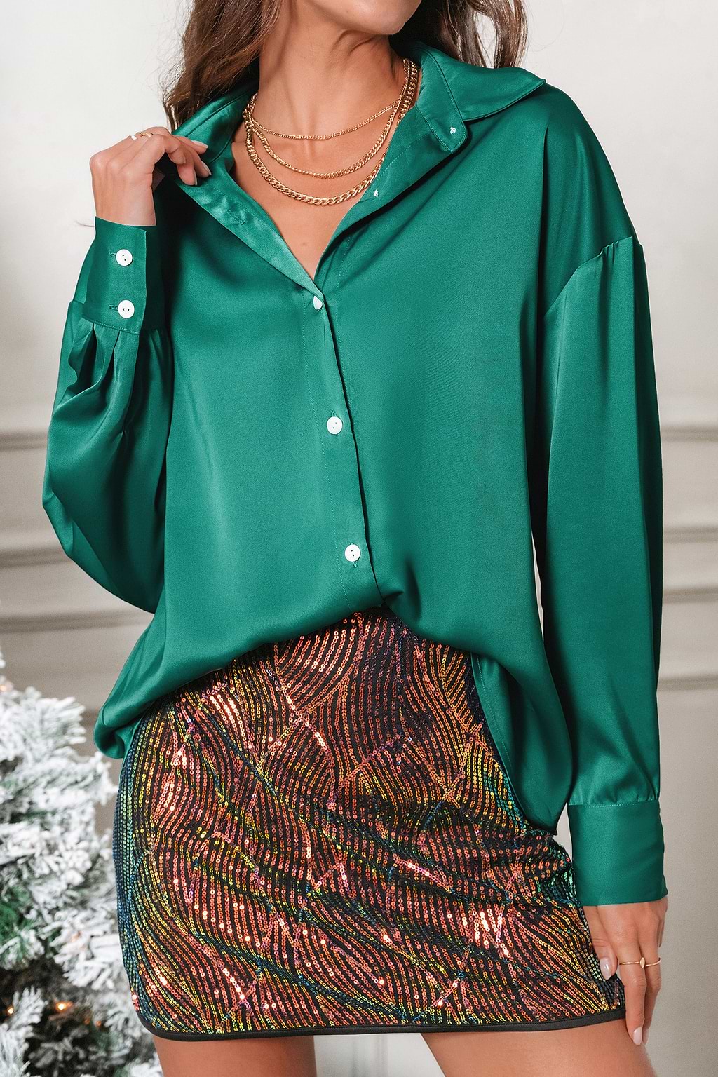 Green Satin Collared Button-Up Long Sleeve Blouse