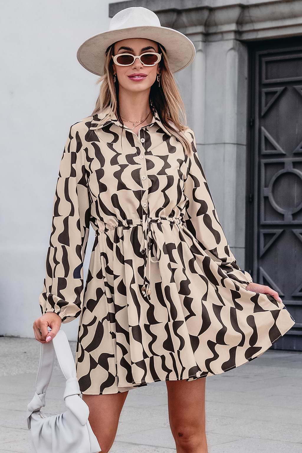 Abstract Collared Long Sleeve Mini Dress