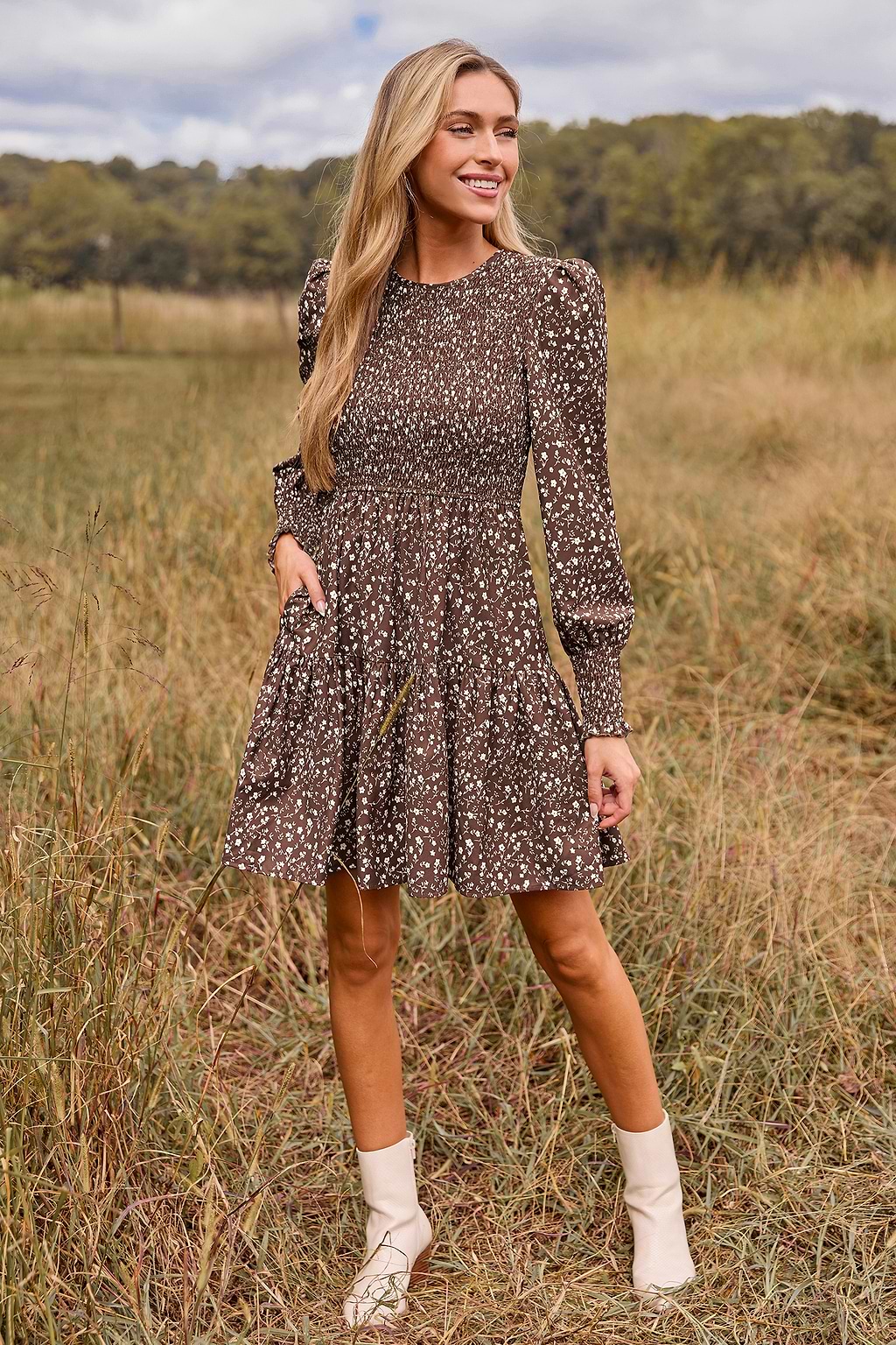 Brown Ditsy Smocked Puff Sleeve Mini Dress