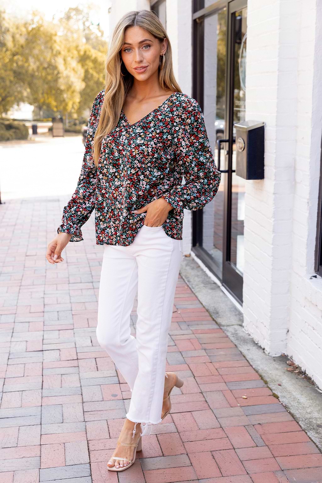 Red Ditsy V-Neck Puff Sleeve Blouse