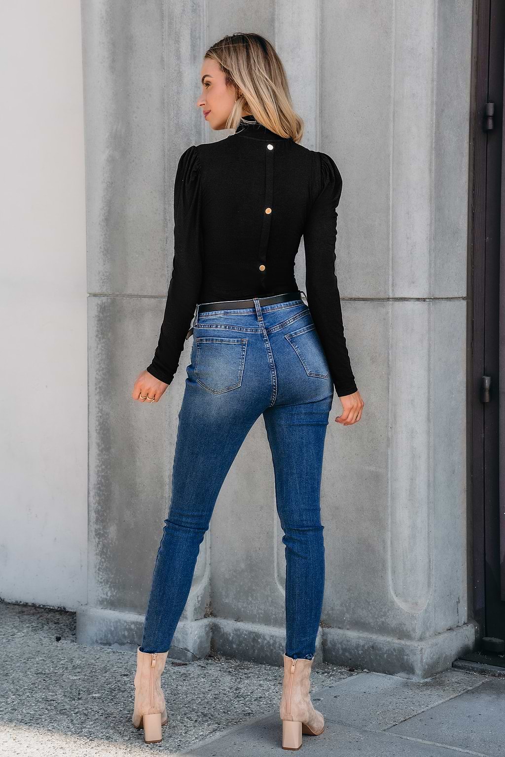 Black Puff Shoulder Long Sleeve Turtleneck