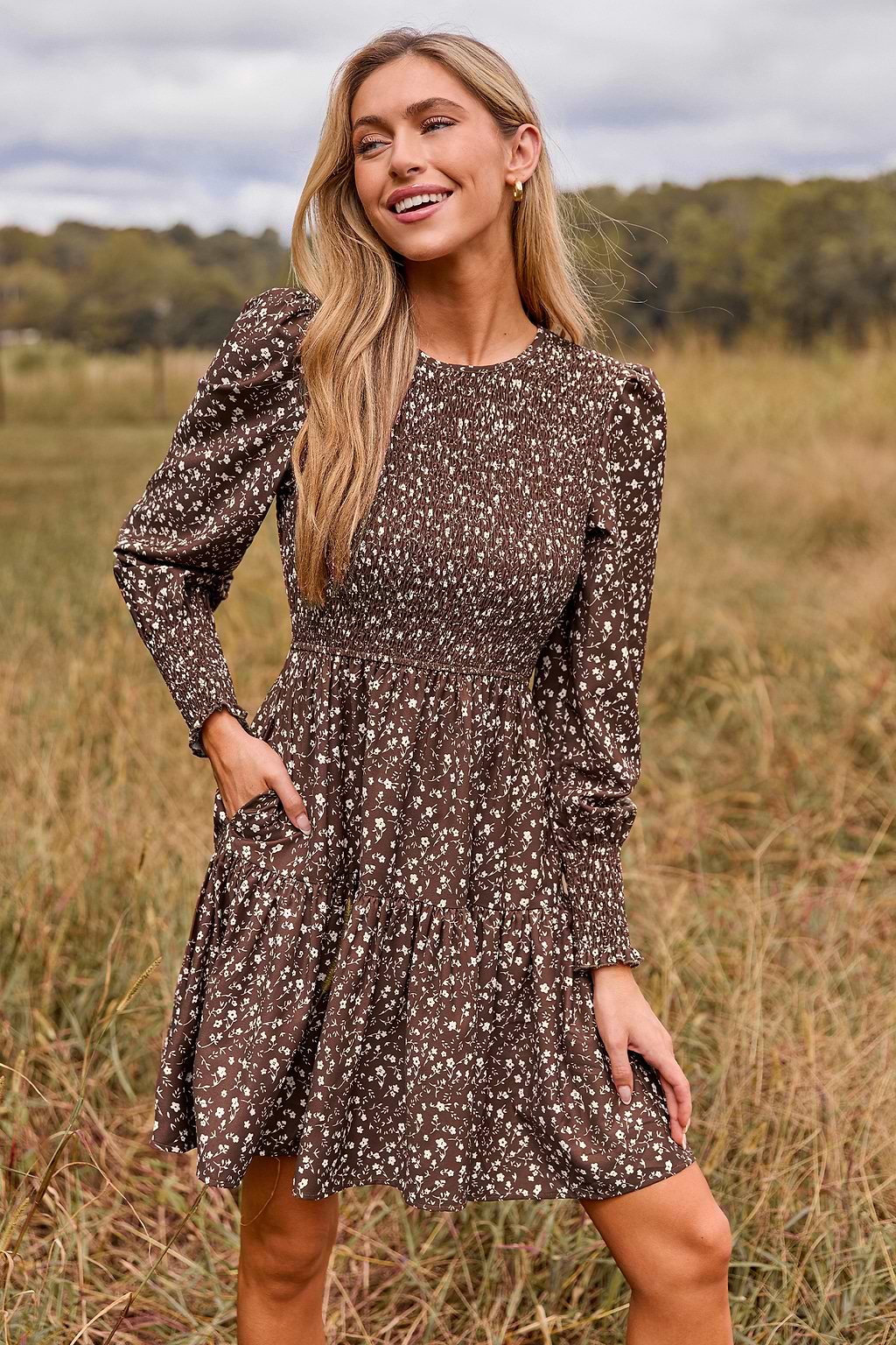 Brown Ditsy Smocked Puff Sleeve Mini Dress