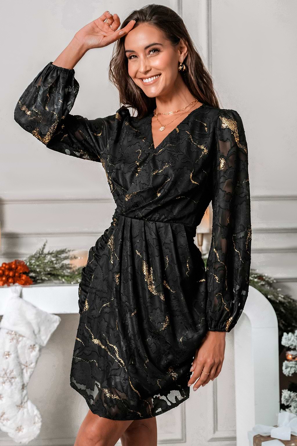 Black & Gold Sheer Puff Sleeve Mini Wrap Dress