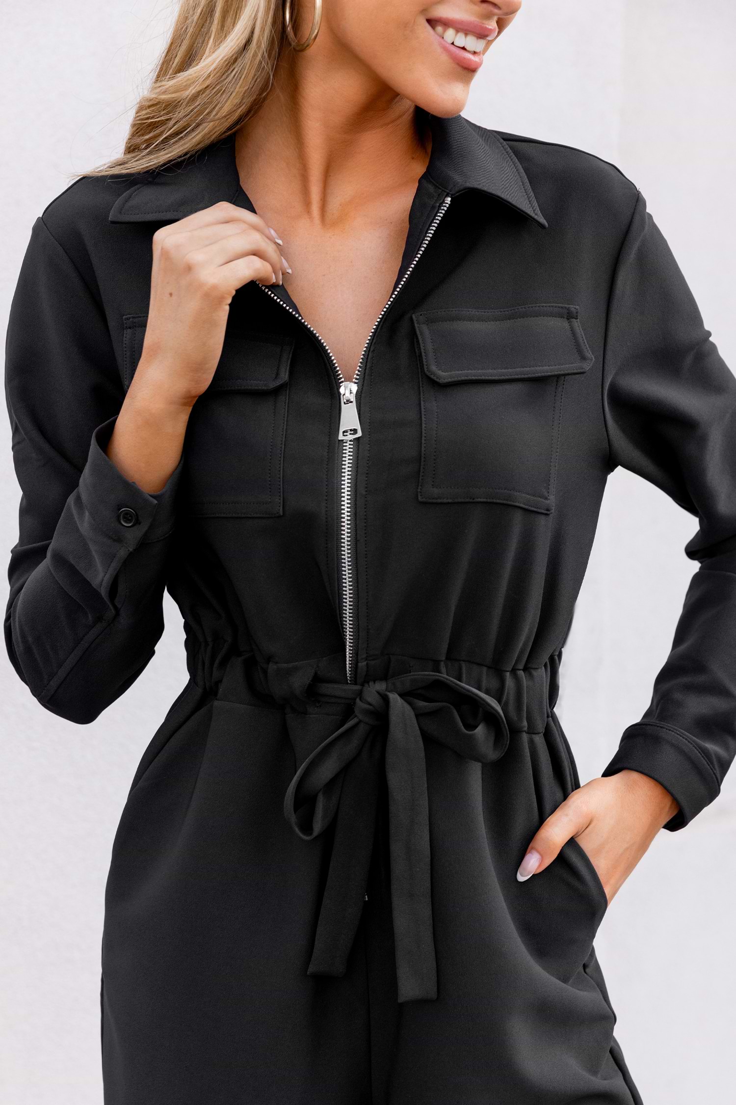 Black Collared Front Zipper Tapered Leg Jumpsuit