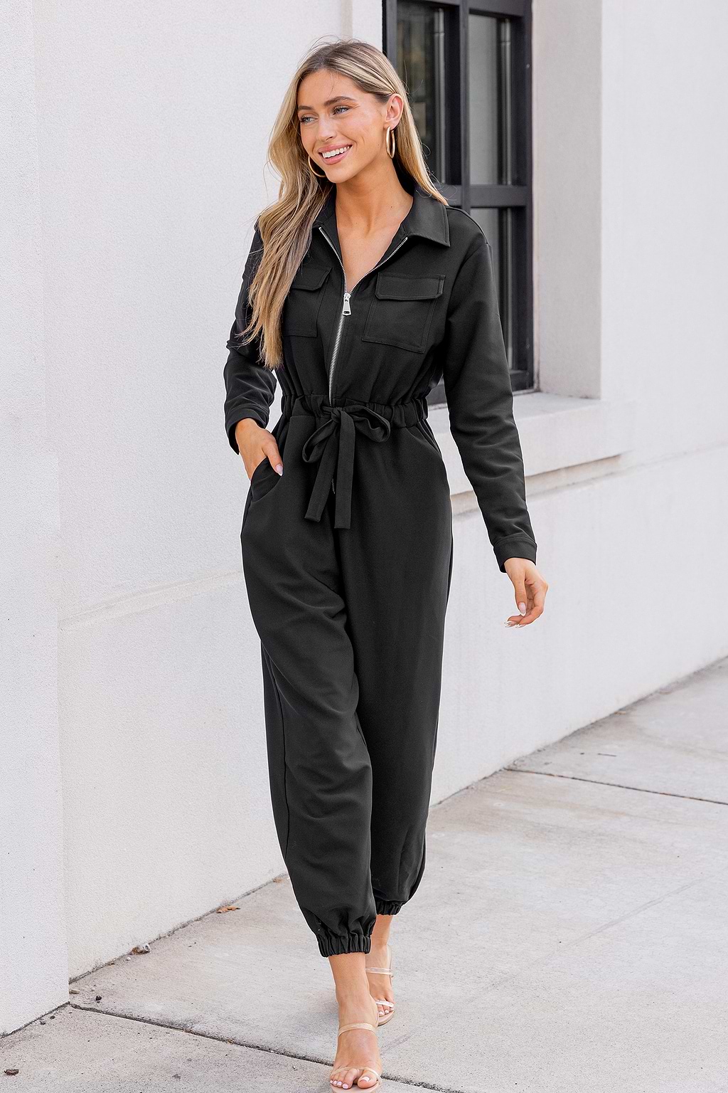 Black Collared Front Zipper Tapered Leg Jumpsuit
