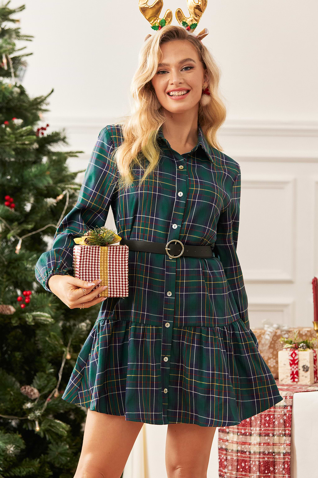 Green Plaid Collared Flounce Hem Mini Shirt Dress
